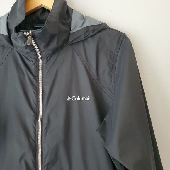Columbia Black Gray Nylon Zip Up Hooded Windbreaker Jacket Womens Large - Picture 3 of 7